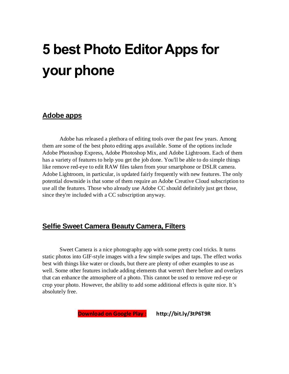 Aperçu du document 5 best Photo Editor Apps for Android.pdf - page 1/3 5 best Photo Editor Apps for Android.pdf - page 1/3